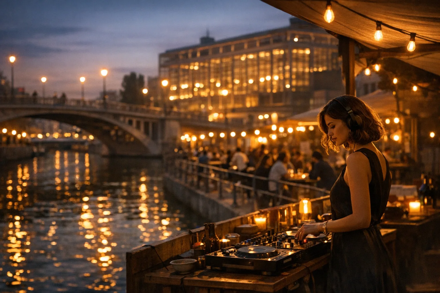 Abendaufnahme Sainctelette Fussgängerbrücke, Kanal, Food‑Market und KANAL‑Gerippe