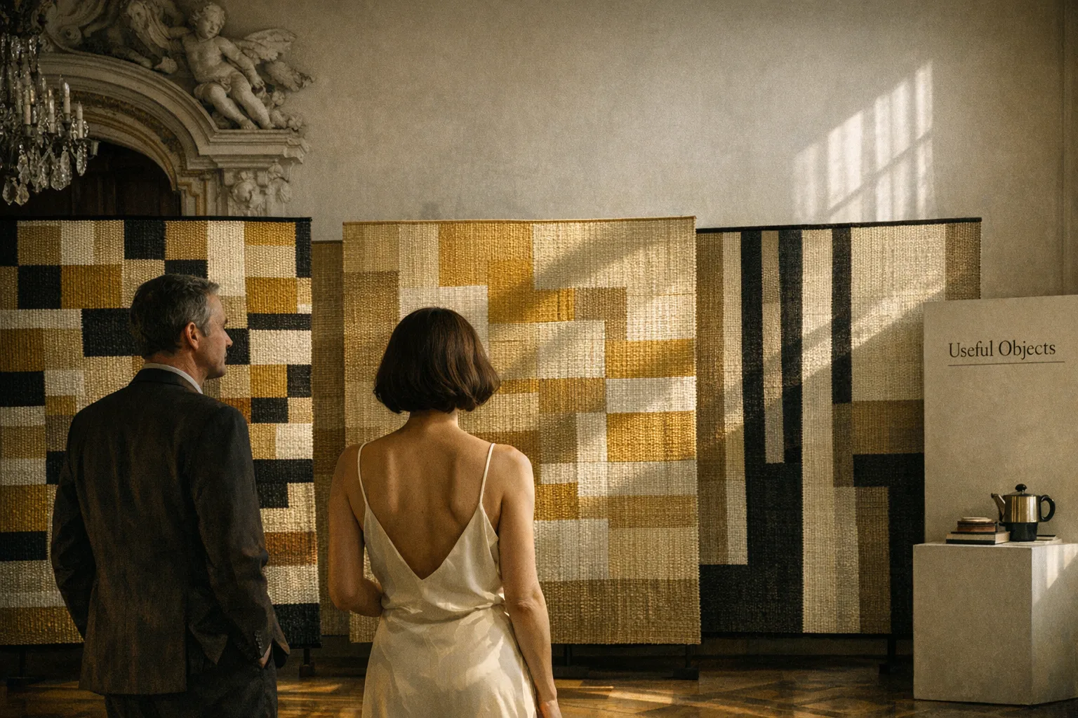Besucherinnen vor großformatigen gewebten Raumteilern von Anni Albers im Unteren Belvedere; Wandtafel weist auf nützliche Objekte und Materialeffizienz hin.