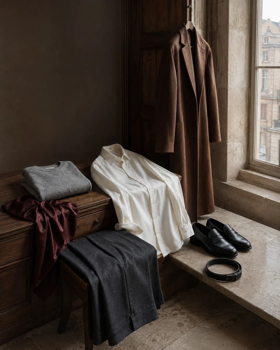 Durchdachte Herbstgarderobe aus Mantel, Strick, langem Rock und Stiefeln