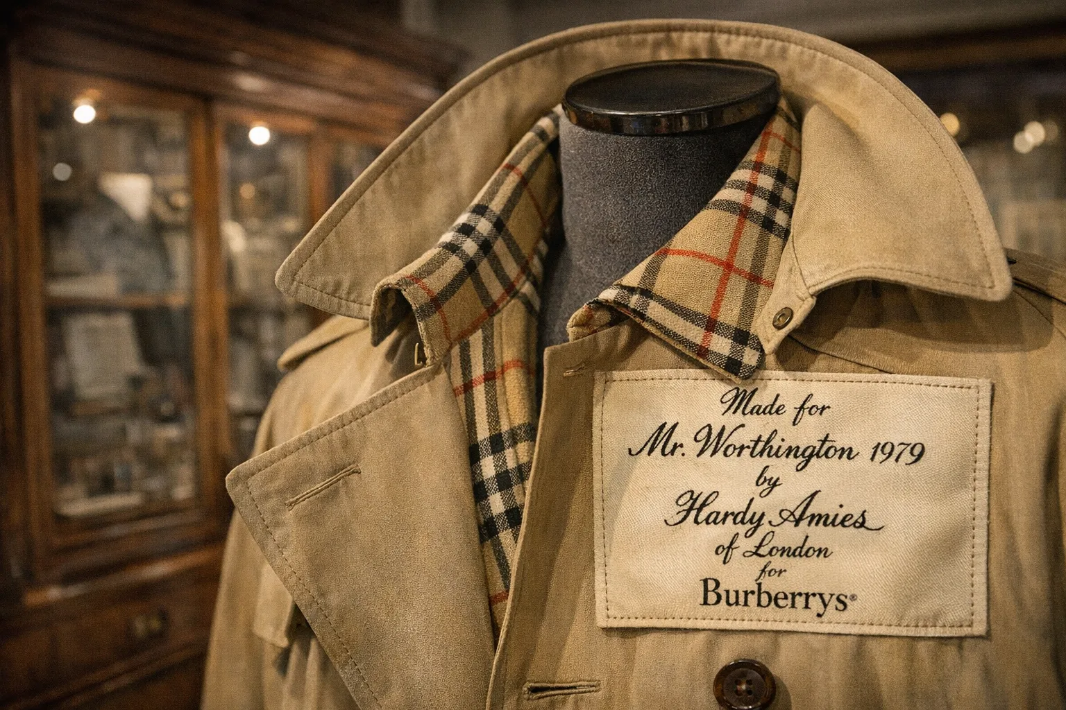 Hardy Amies Burberry car coat (1979) mit personalisiertem Etikett in der Prince Consort Gallery, V&A