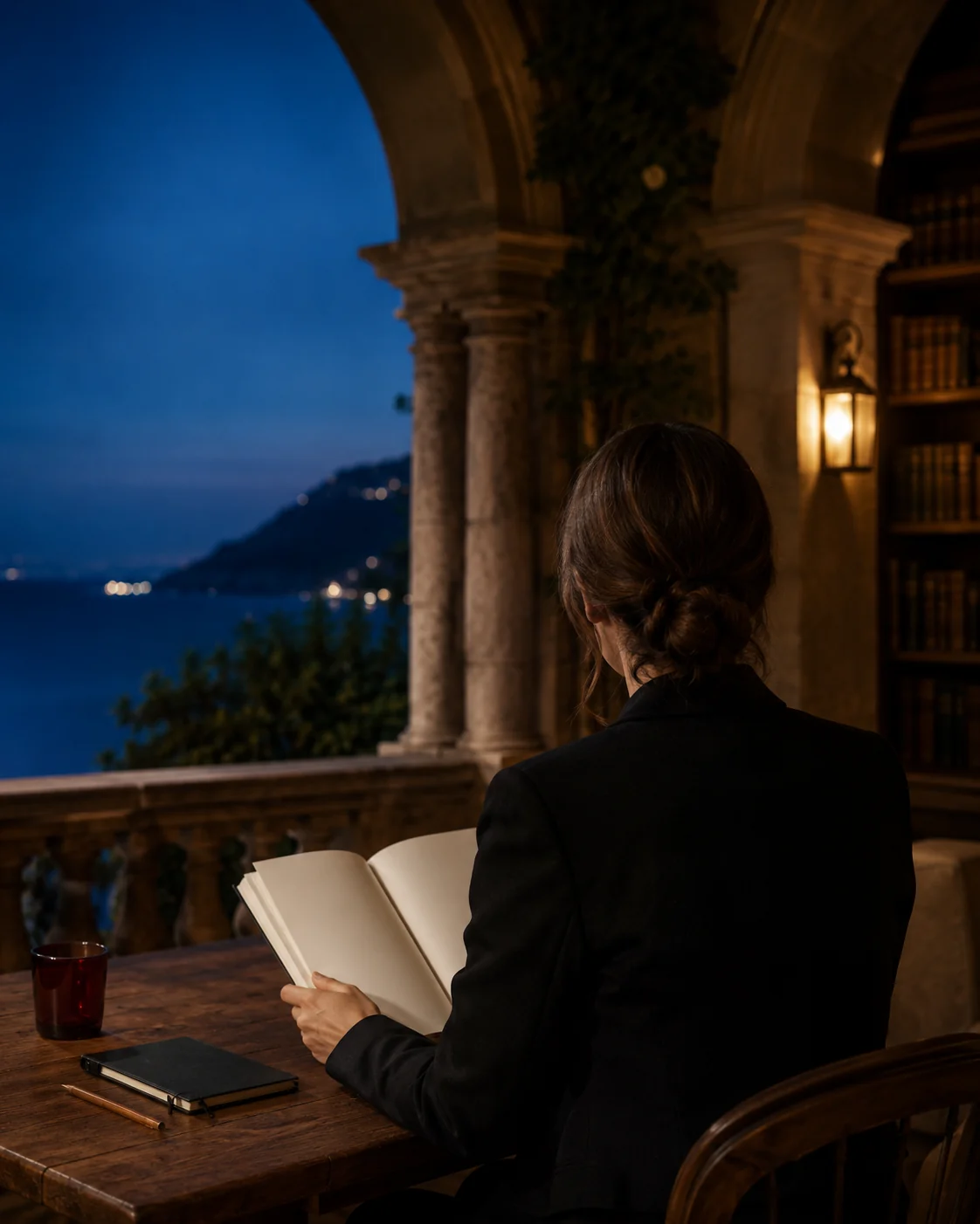 Anonyme Leserin in einer hellen Bibliothek an der Riviera