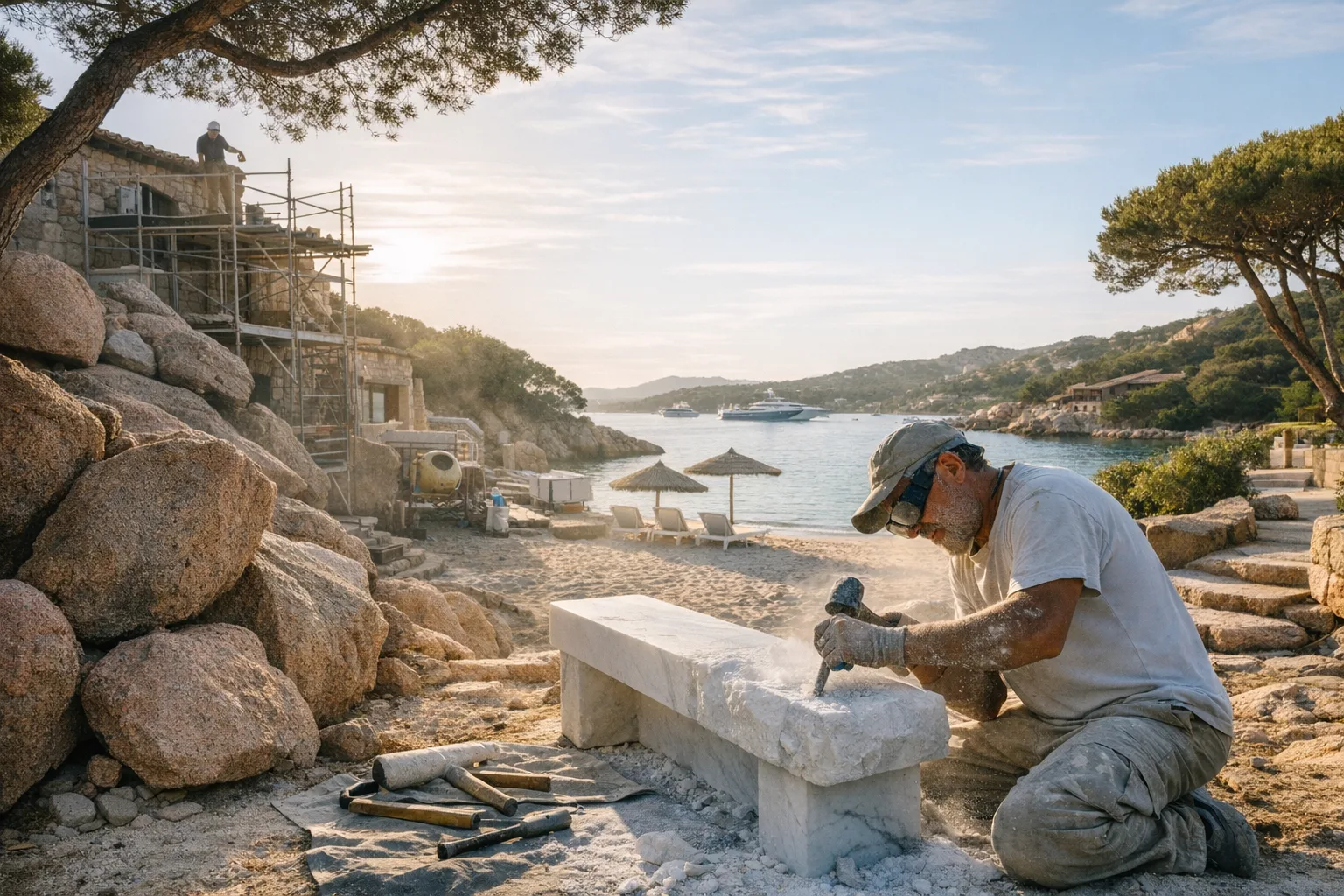 Marmorbank in Arbeit vor Gerüst und Granitfelsen am privaten Strand des Hotel Pitrizza