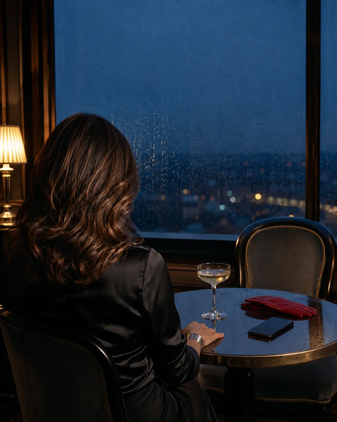 Anonyme erwachsene Frau an einer eleganten Hotelbar, vor ihr ein freier Stuhl und ein umgedrehtes Telefon