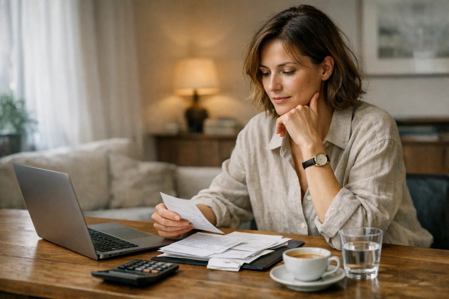 Küchentisch mit Kännchen Kaffee, Notizbuch, Smartphone mit Bank‑App, Versicherungsunterlagen und Postkarte.