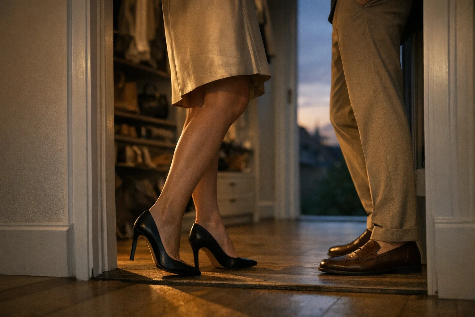 Drei Frauen am Türschwellenmoment bei Dämmerlicht; Blick auf Fußlinien, Hosenbrüche und unterschiedliche Schuhkanten (high‑vamp Pump, klassischer Loafer, höherer weicher Loafer).