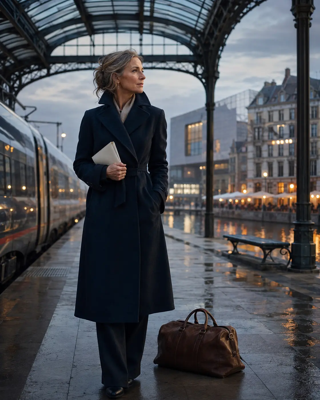 Anonyme Frau um die fünfzig mit kleiner Reisetasche auf einem ruhigen europäischen Bahnsteig