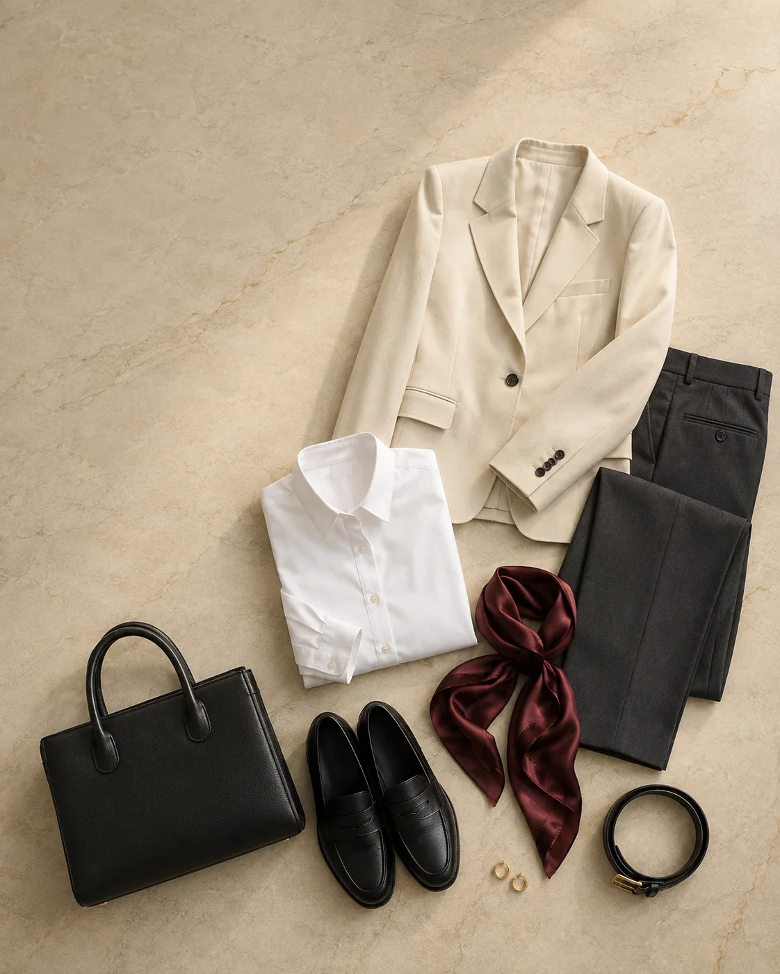 Acht sorgfältig arrangierte Kleidungsstücke in Creme, Schwarz, Denim und Bordeaux auf hellem Stein.