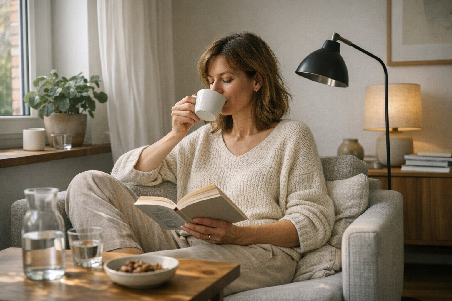 Sequenz aus einer Wohnungsstrecke: Eingangsbereich mit Schal und Kerze, Fensterbank mit Tasse, ordentliches Wohnzimmer, Bad mit Handtüchern, kleiner Heimsaunabereich.