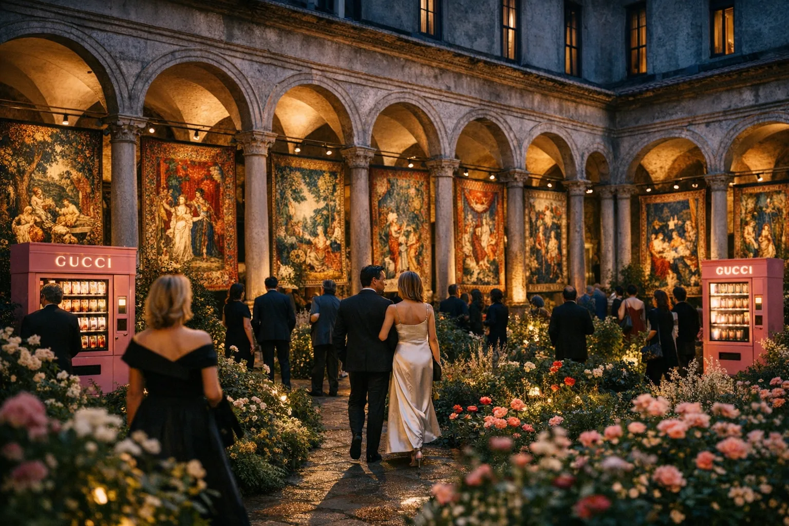 Chiostri di San Simpliciano bei Abendlicht mit Gucci‑Tapisserien und Flora‑Installationen