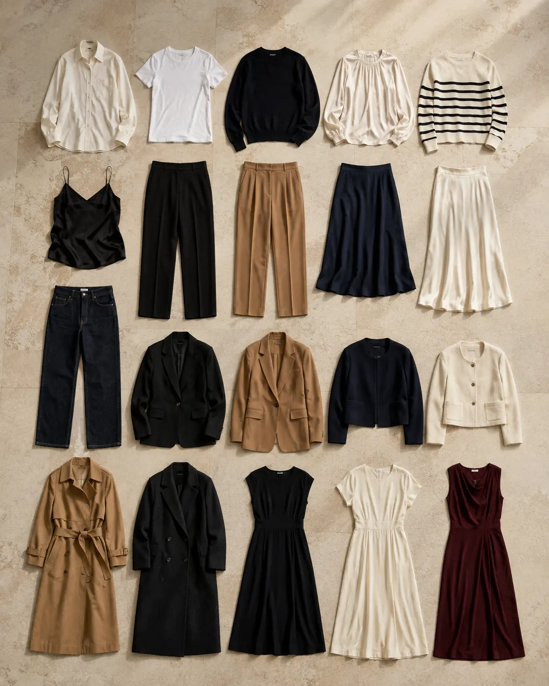 Zwanzig sorgfältig angeordnete Kleidungsstücke in Creme, Marine, Camel und Schwarz auf hellem Stein