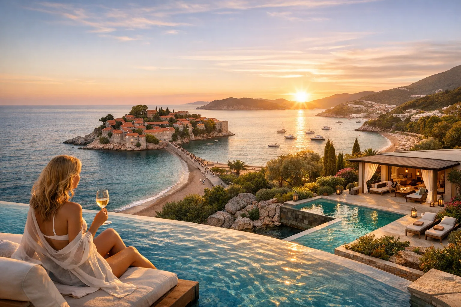 Infinity‑Pool über der Kalo Livadi Bay, Damm zur befestigten Insel und eine Meerespromenade mit privatem Pool