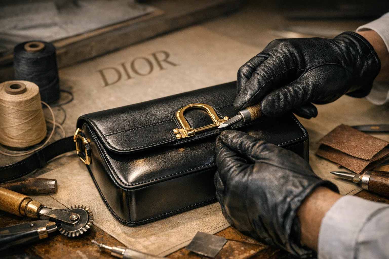 Behandschuhte Hand, die die Archie‑Tasche in einem Dior‑Lederatelier fertigstellt