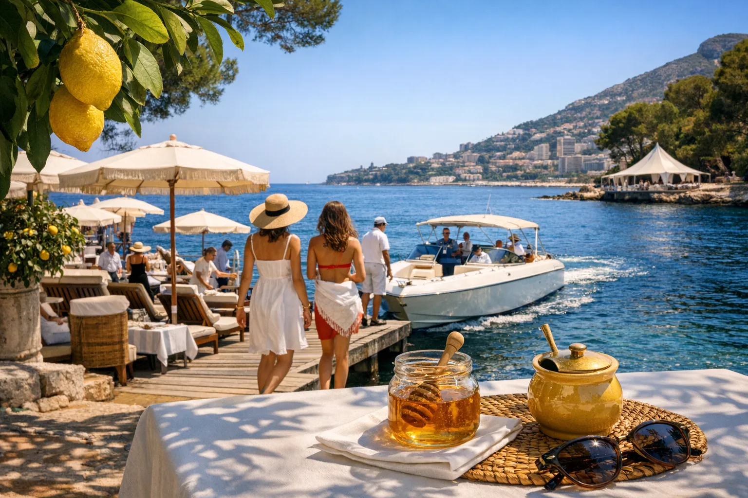 Bootsanleger Monte‑Carlo Beach, Terrasse von La Vigie mit Zitronenbäumen und einem kleinen Glas Honig auf einem Tisch
