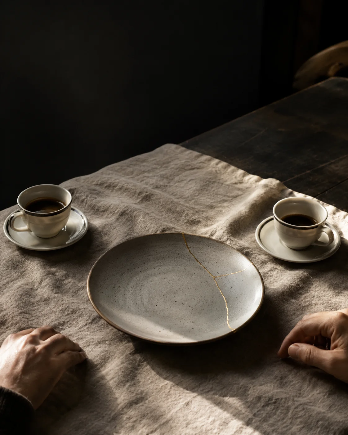 Zwei Espressotassen und ein reparierter Keramikteller auf einem stillen Tisch