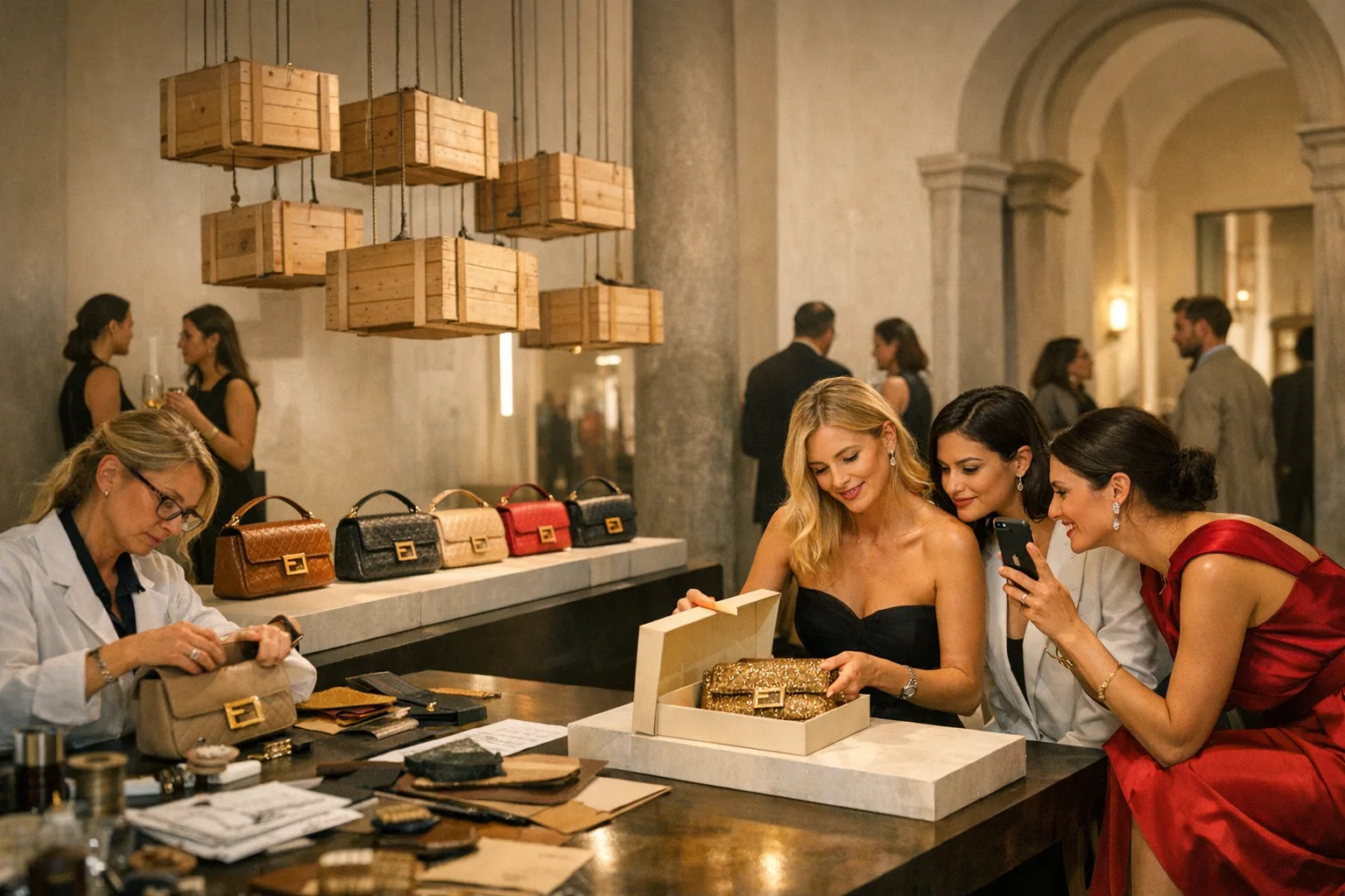 Palazzo Fendi, Design Week: Baguette‑Reeditionen auf Tischen, Werkstattarbeiten, Kundinnen beim Unboxing.