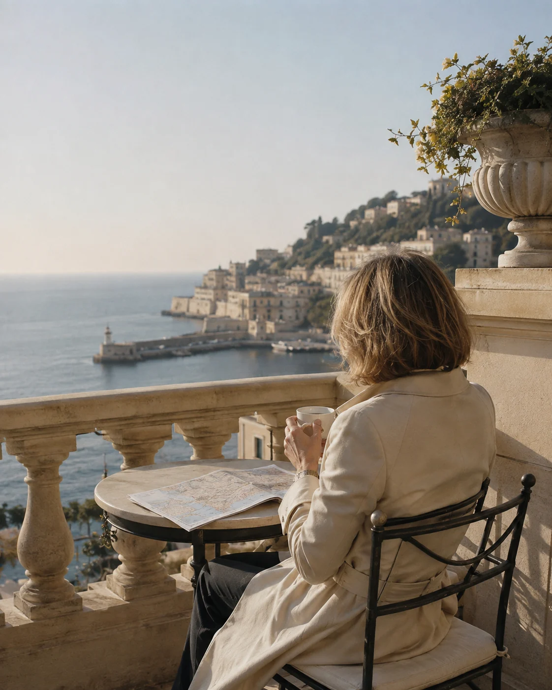 Reisende im tabakfarbenen Mantel über dem herbstlichen Hafen von Monaco