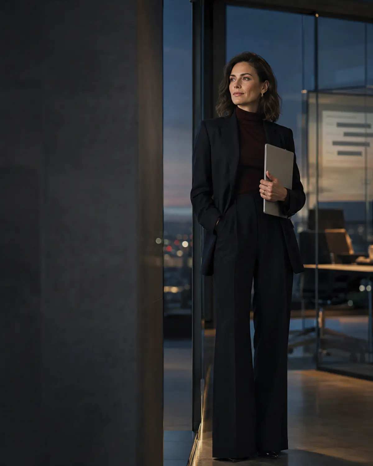 Frau in einem eleganten Büro bei Abendlicht mit einer Mappe in der Hand