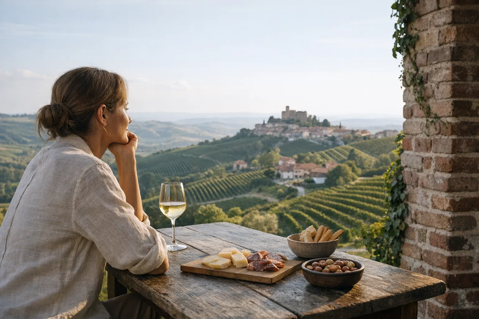 Marktstände auf der Piazza Roma in Monteu Roero mit Käse und Flaschen, Besucherinnen und Weinbergen im Hintergrund