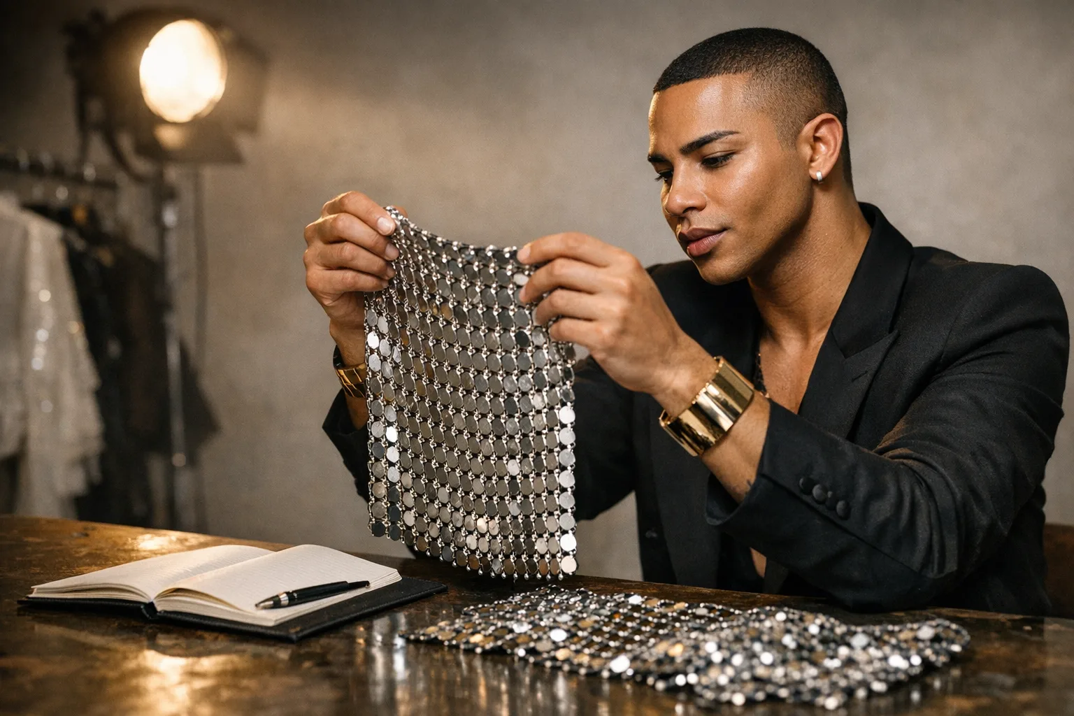 Olivier Rousteing hält ein Stück Rabanne‑Kettenhemd an einem Studiertisch