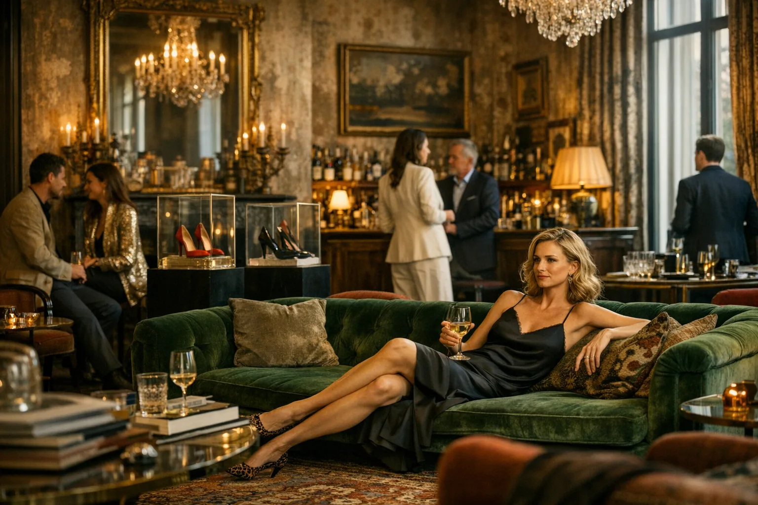 Modernes Grand‑Salon‑Interieur mit Samtsofas, Vitrinen und gemusterten Tapeten