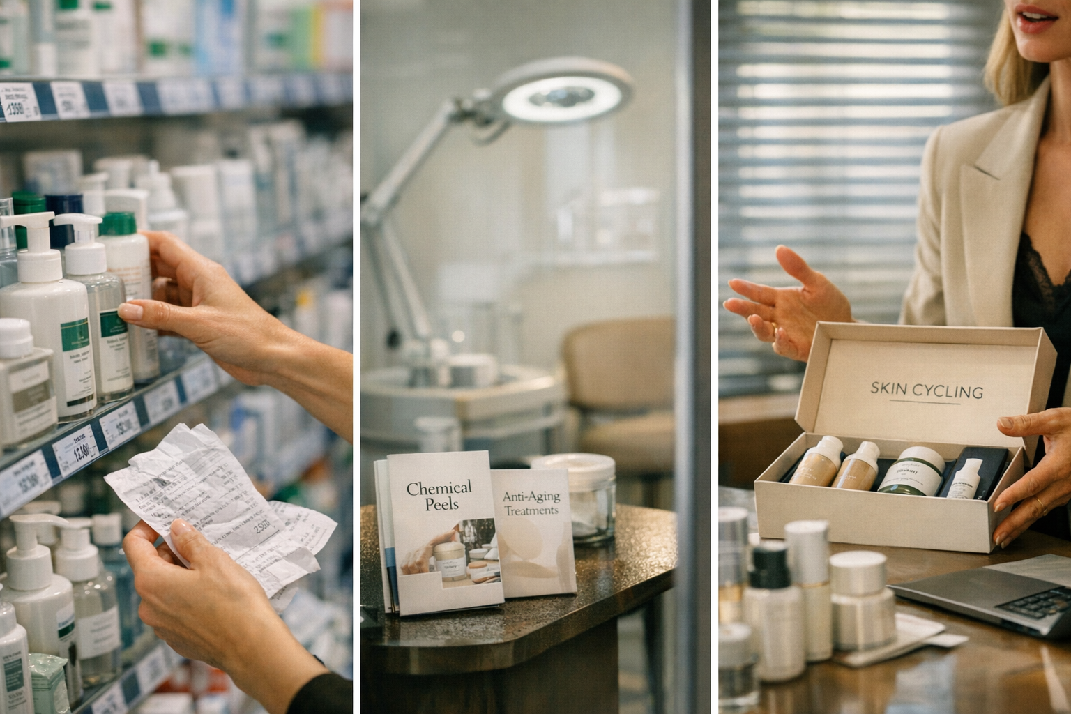 Hände mit Pflegeprodukten in einer Pariser Apotheke, ein Klinikwartezimmer in Berlin, ein DTC‑Studio mit Skin‑Cycling‑Kit.