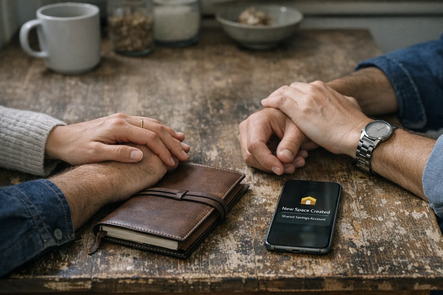 Küchentisch mit Lederjournal, zwei Kaffees und Smartphone mit App‑Benachrichtigung über Space‑Top‑up.