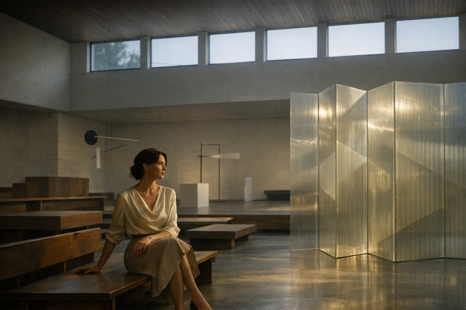 Innenraum einer zweigeschossigen Nachkriegs‑Kirche mit faltbarer Plexiglas‑Trennwand und umgestellten Bänken