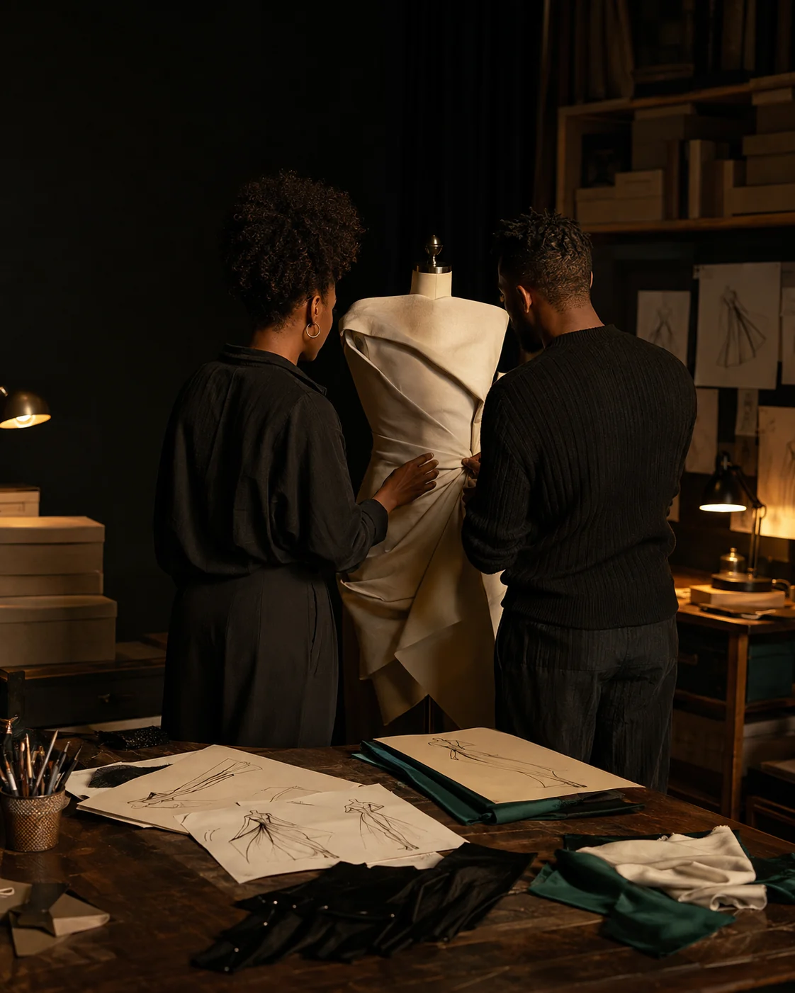 Schatten zweier Kreativer neben einer Garderobe mit skulpturaler Mode