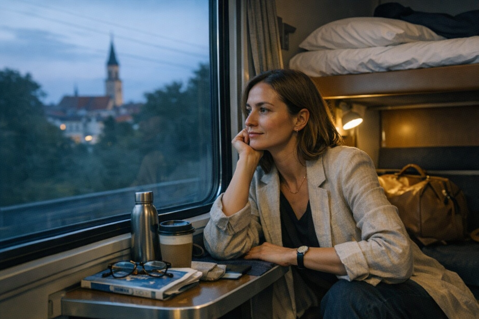 Frau besteigt abends einen europäischen Nachtzug und betritt ein Women‑Only‑Abteil, Handgepäck im Gang.