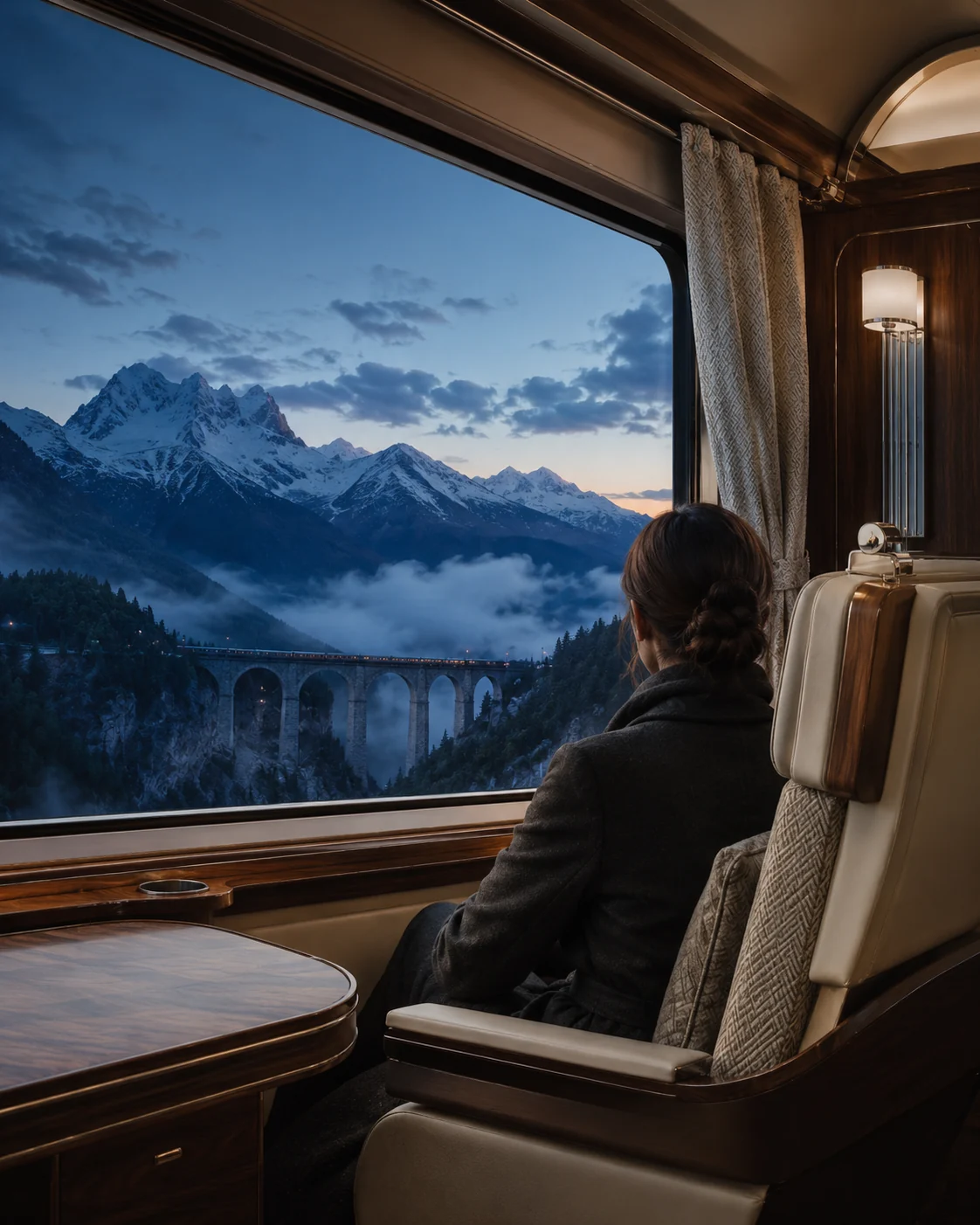 Reisende am Zugfenster vor einer Alpenlandschaft