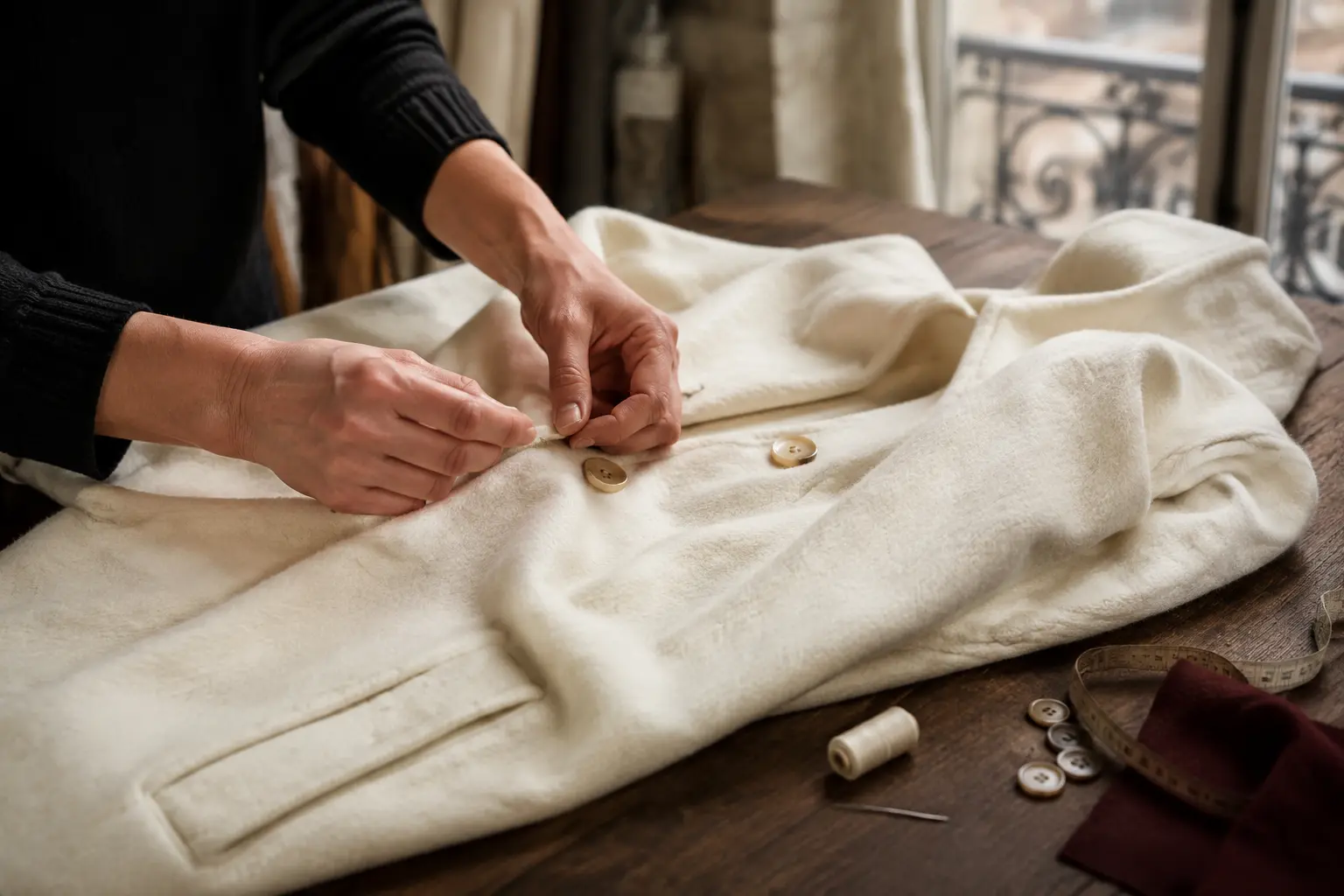 Hände bei der Verarbeitung einer cremefarbenen Wolljacke in einem Pariser Atelier