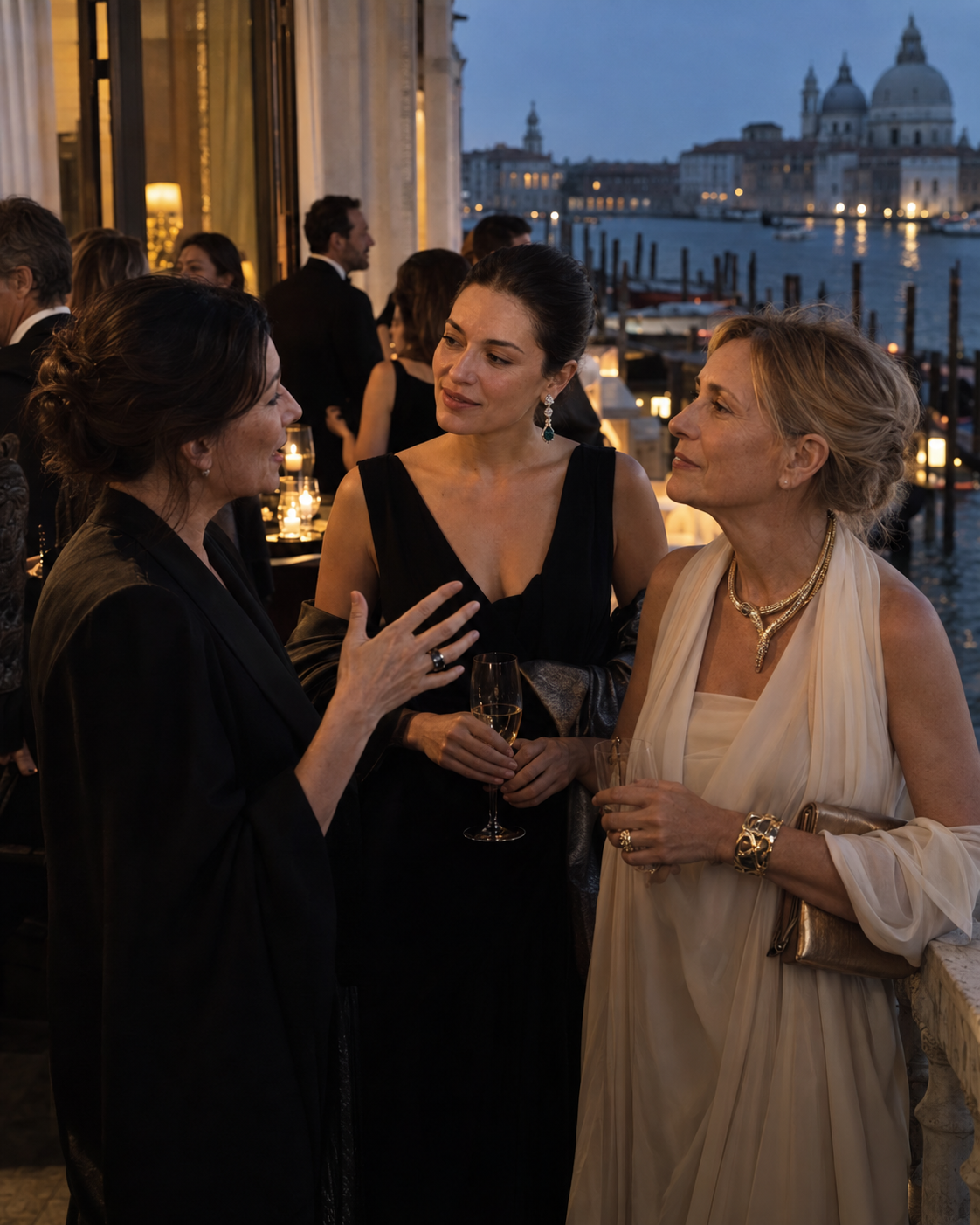 Gäste beim Cartier‑Dîner am Gritti‑Palast; eine Frau steigt aus dem Wasser‑Taxi auf dem Canal Grande