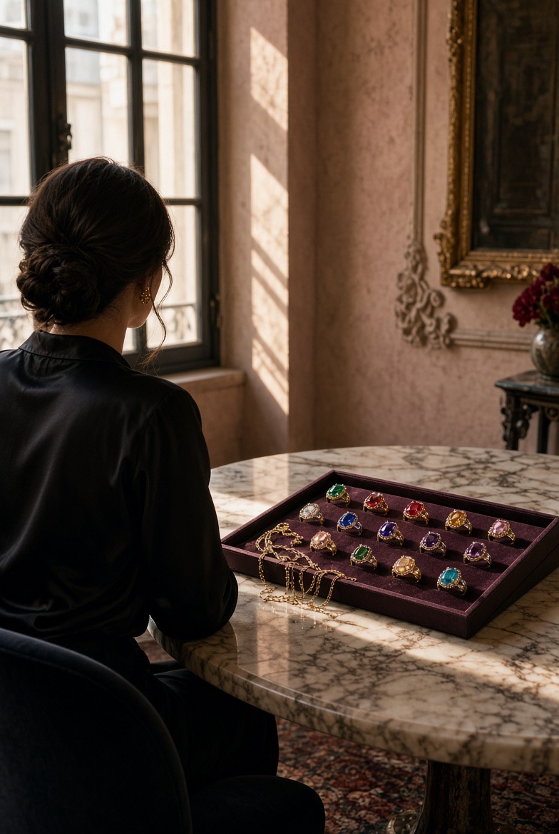 Kering-Porträt von Charlotte Fournet neben Nahaufnahme eines Pomellato Nudo‑Rings