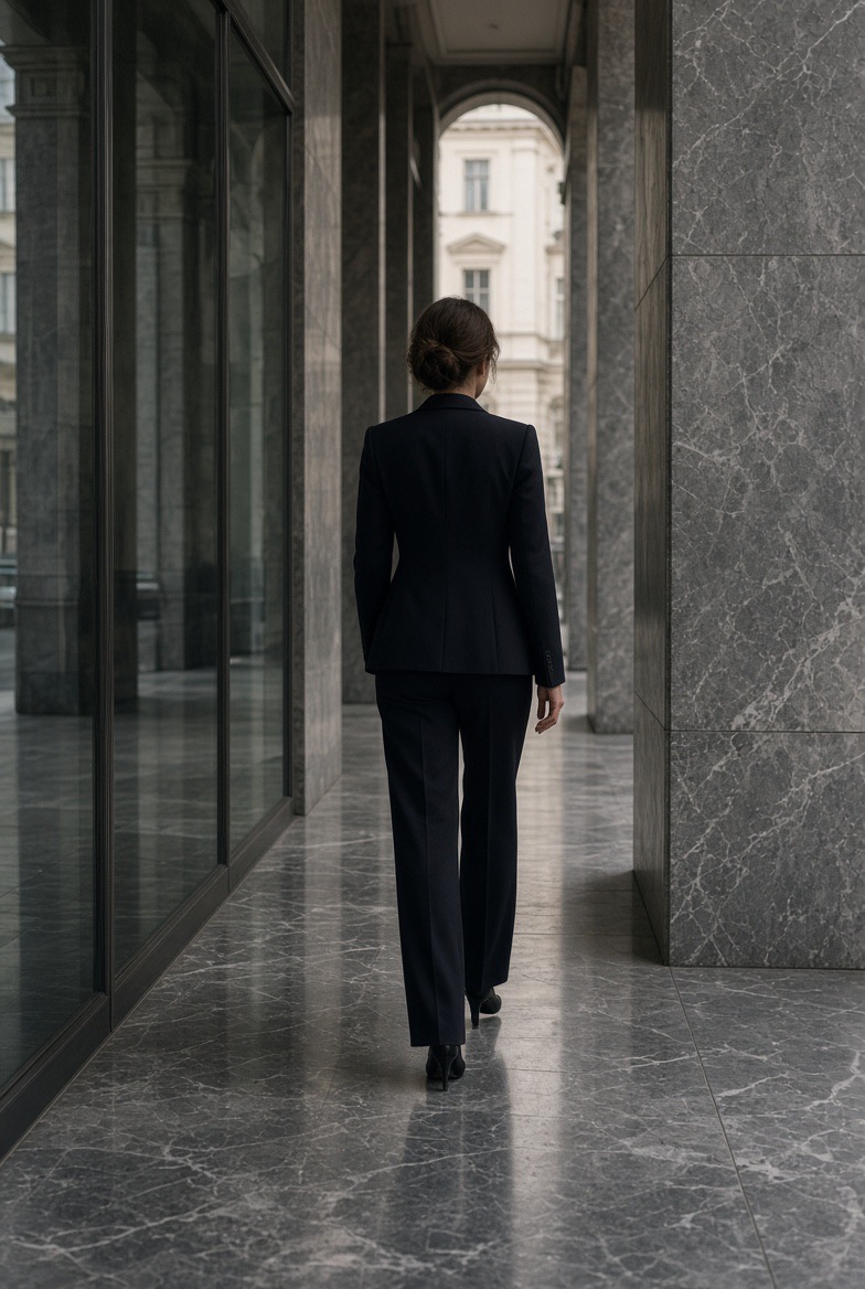 Porträt einer Senior-Managerin vor einem modernen Unternehmenshauptsitz in Wien, editorialer Stil