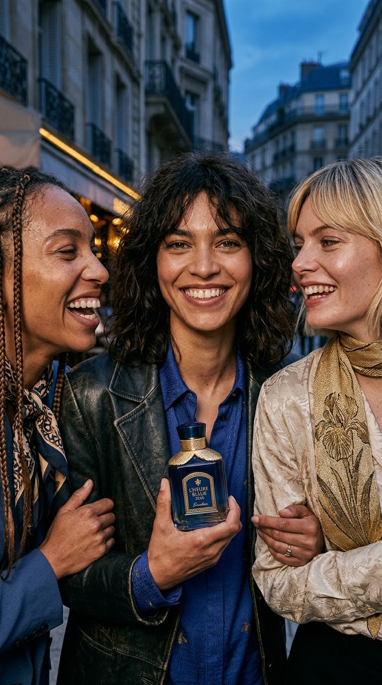 Moodboard, Trockenabzüge und ein blaues Bee‑Flakon auf einer Werkbank im Guerlain‑Labor