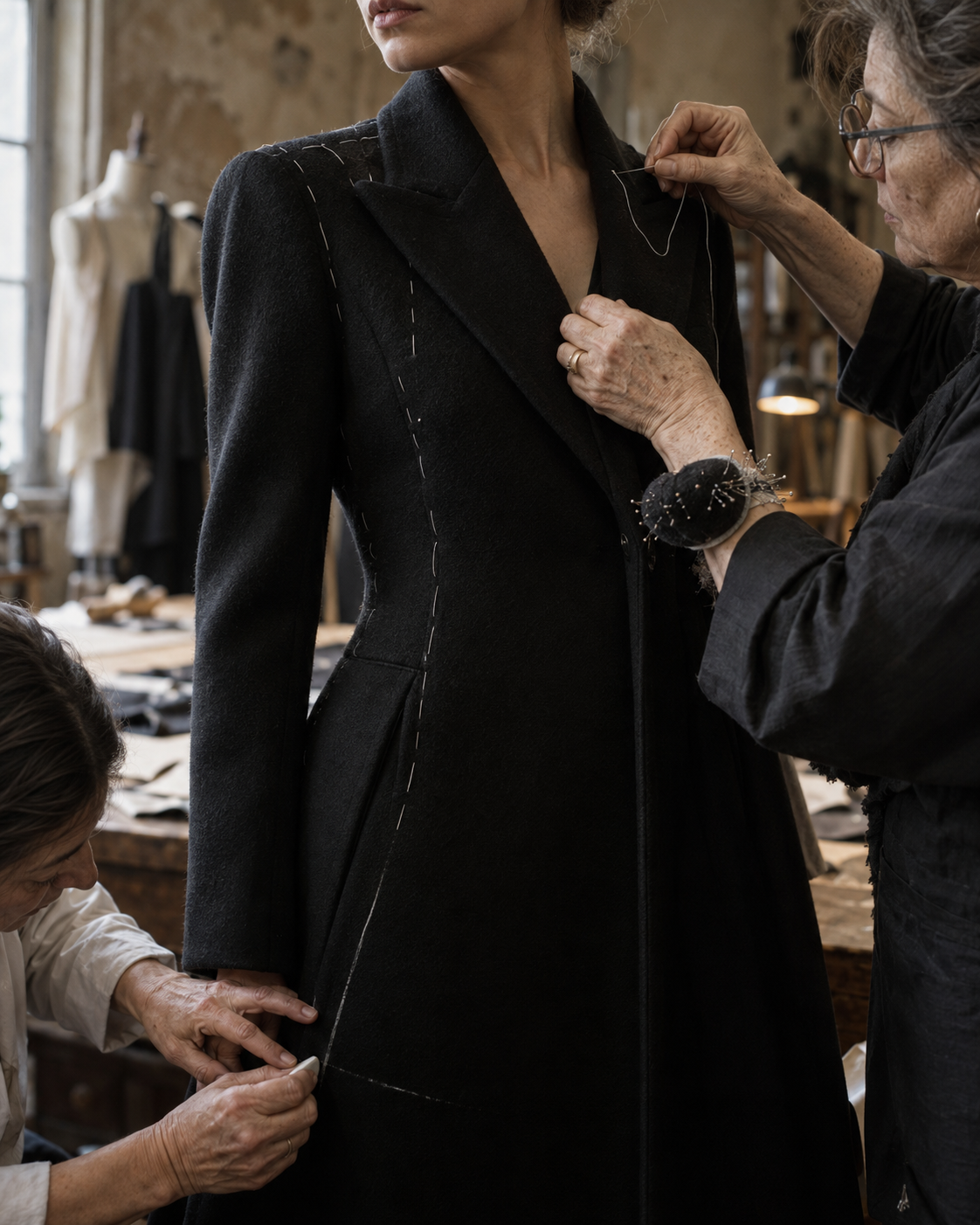Gucci‑Atelier mit Prototypen auf Kleiderstangen; die Marmorsäle des Palazzo delle Scintille mit Replik‑Statuen und Wandteppichen