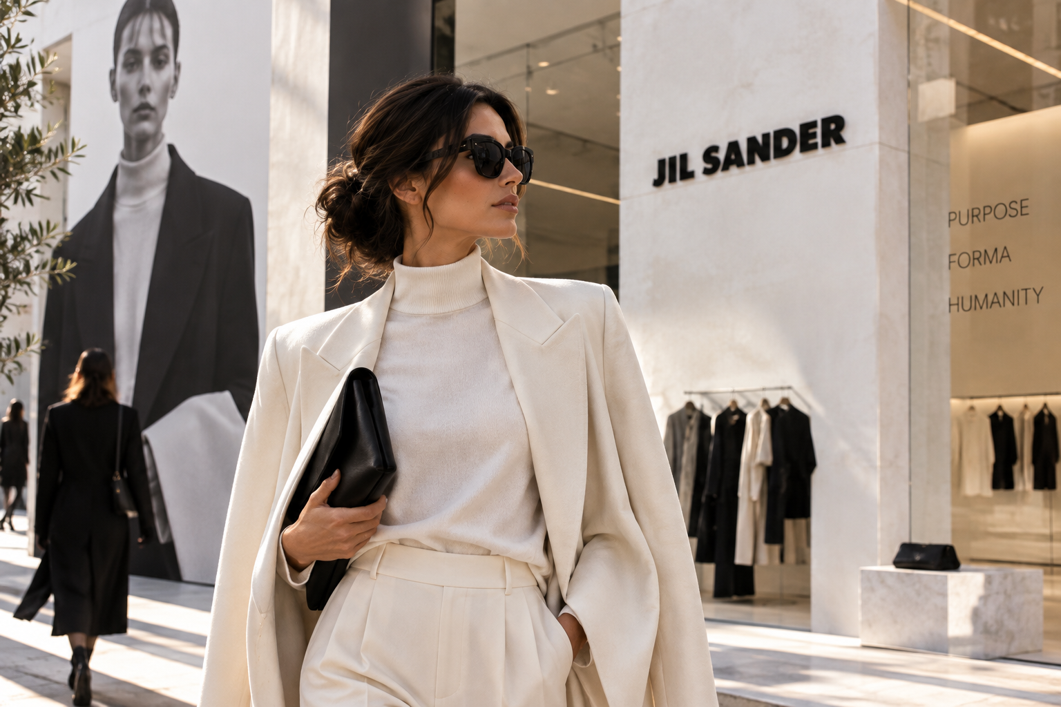 Eingang des Jil Sander Showrooms in Mailand, reduziert inszeniert, mit einem neutralen Mantel im Schaufenster.