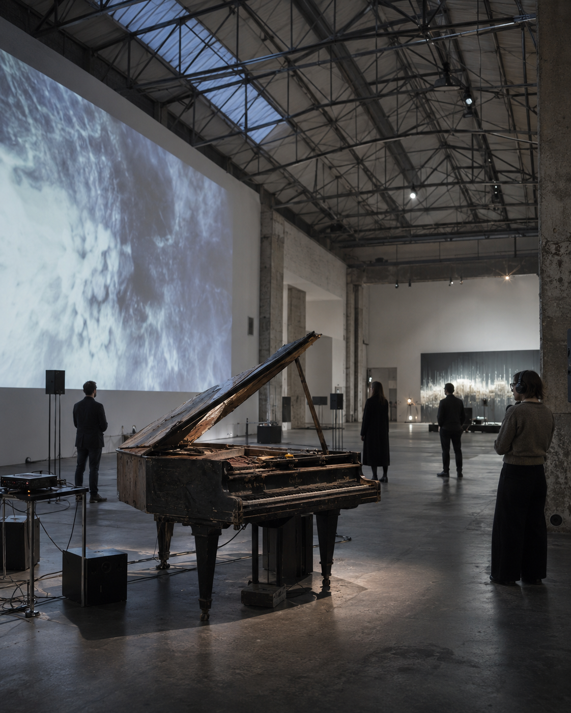 Tsunami‑beschädigter Konzertflügel in der Rieckhallen mit Installationsmaterial und Techniker*innen im Hamburger Bahnhof