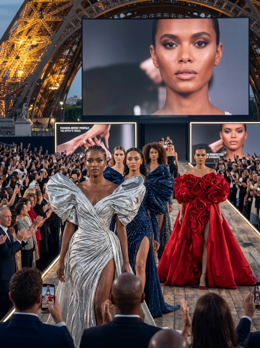 Le Défilé runway at Place Joffre with the Eiffel Tower in the background at night