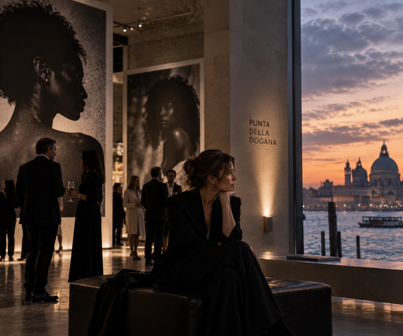 Besucherinnen und Besucher auf der Terrasse der Punta della Dogana zur Goldenen Stunde; im Inneren sichtbar: Tadao Ando Cube und großformatige Gemälde von Lorna Simpson.