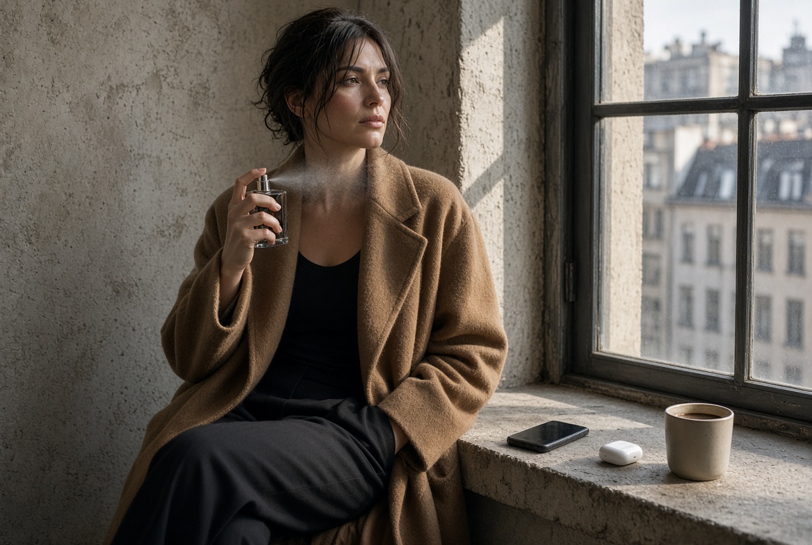 Florence Pugh auf einer Terrasse in Rom neben der Max Mara Le Parfum‑Flasche, vom lackierten Gürtel mit goldener Knopfbedeckung eingerahmt.