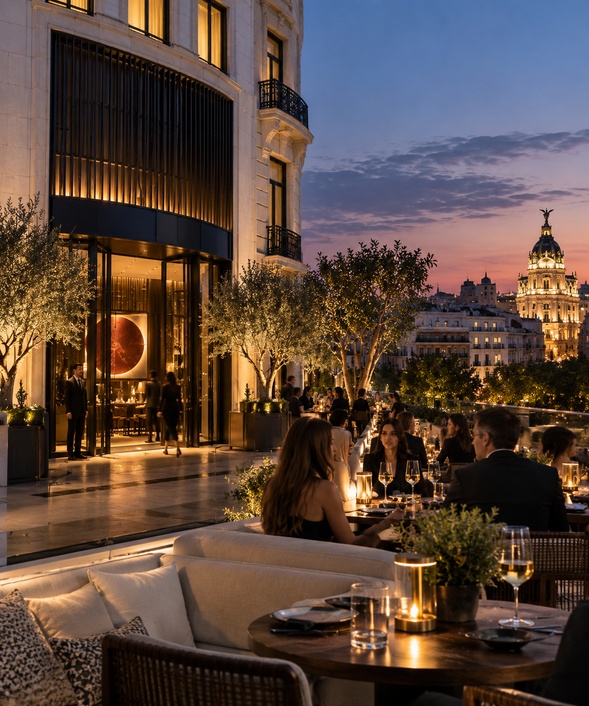 Dachterrasse des Nobu Hotel Madrid bei Dämmerung mit Blick auf die Skyline nahe Plaza de Cibeles.