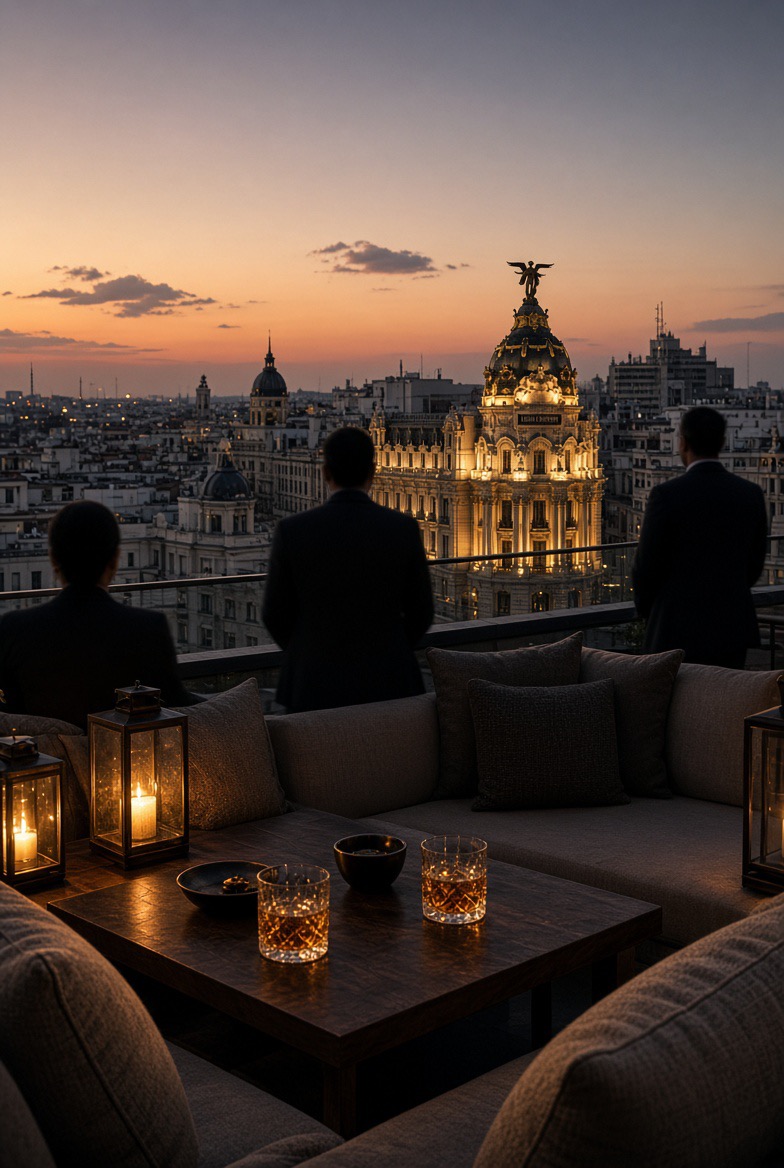 Frau auf der Nobu Madrid Dachterrasse bei Dämmerung, Blick über die Skyline nahe Cibeles