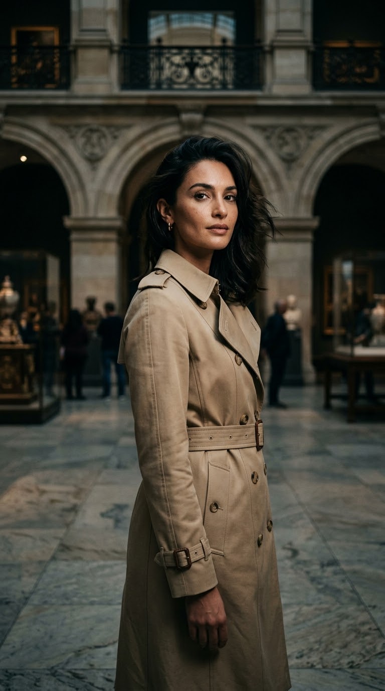 Vitrinenansicht: frühes Burberry‑Katalogblatt, gabardine Kriegs‑Trench und moderner Laufsteg‑Trench; Detail einer genähten Halslasche.