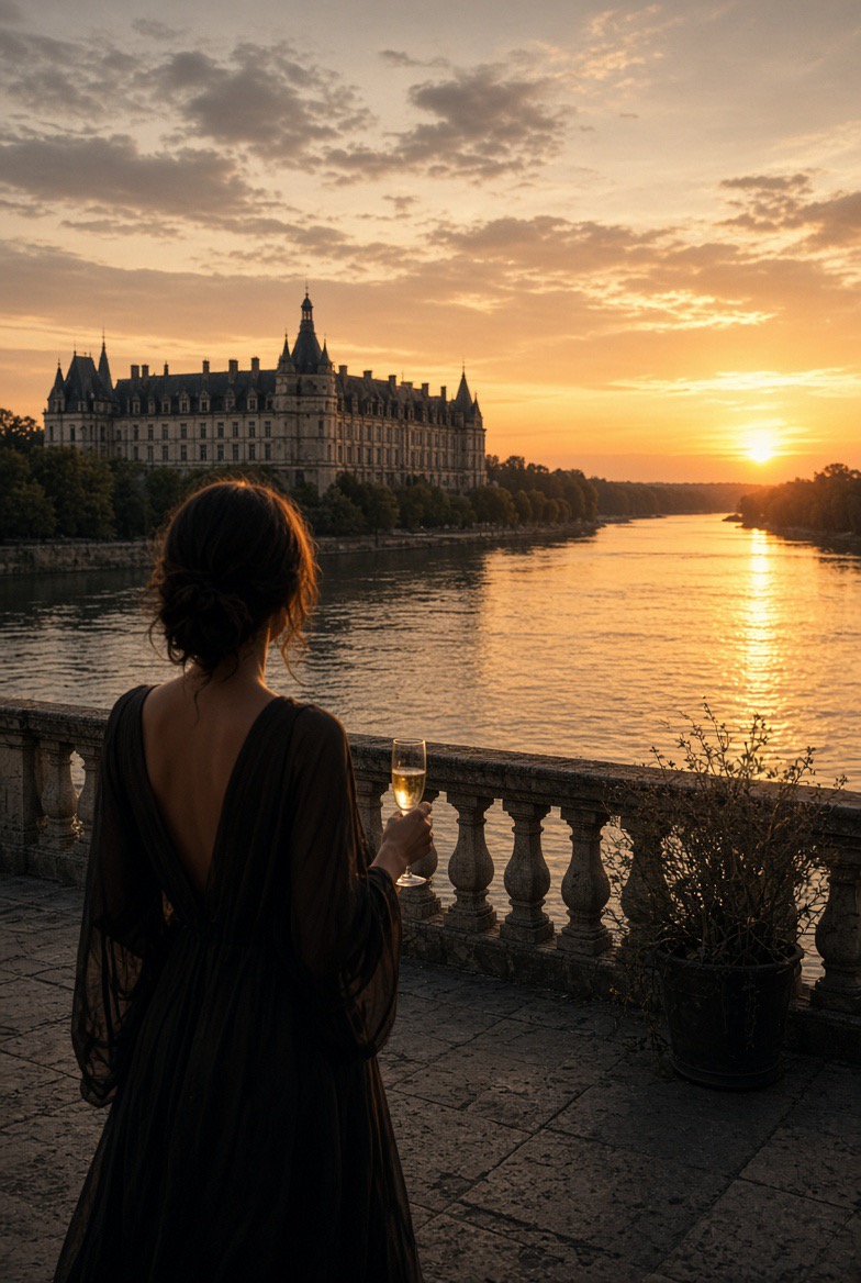 Turner Dachterrasse bei Sonnenuntergang mit Blick auf die Loire und das Château d'Amboise