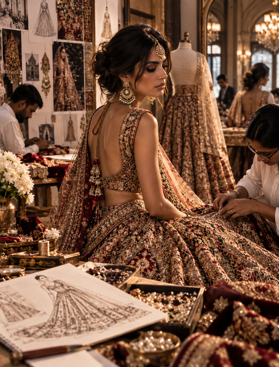 Erste Anprobe eines Lehengas im Sabyasachi‑Flagship, Christopher Street: Detailaufnahme von zardozi‑Stickerei, gepolsterte Versandtruhen und Handarbeit in Werkstätten.