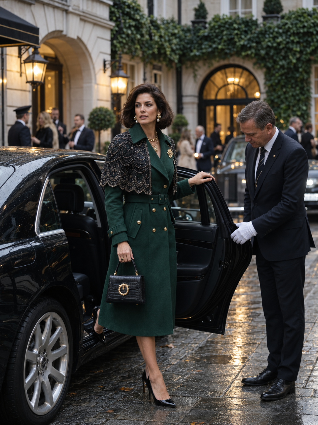 Concierge an der Rezeption arrangiert privaten Chauffeurservice für eine Frühabfahrt, Unterlagen auf dem Tresen, Chauffeur wartet vor dem Hotel.