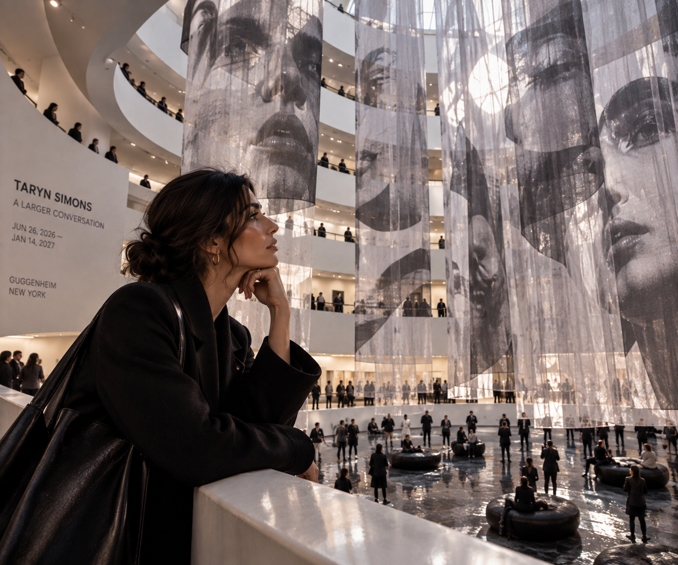 Guggenheim‑Rotunde mit Teakspur und bunten Kugeln zum Auslösen