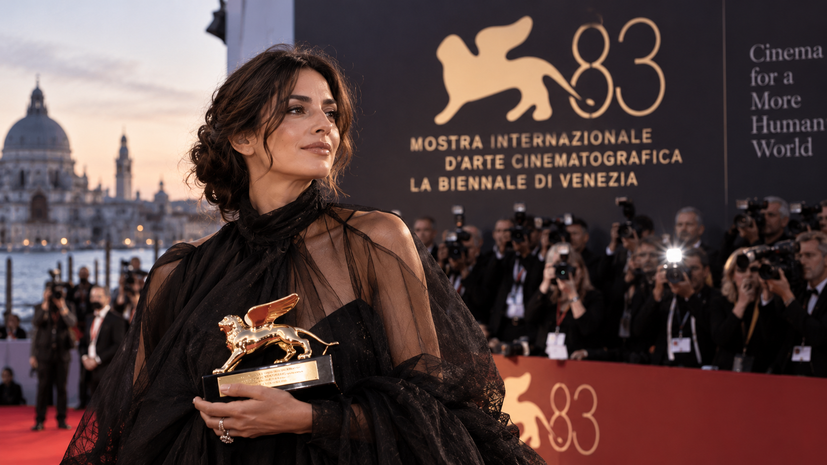May el‑Toukhy hält den Golden Lion auf der Bühne der Sala Grande, Venice Film Festival 12. September 2026